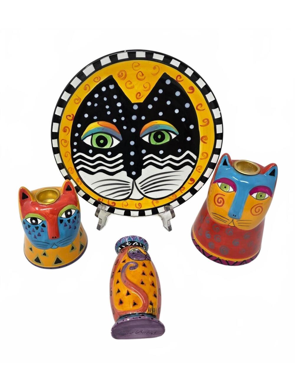 Laurel Burch Cat Decor Lot of 4 | Plate, Candleholders & Magnetic Vase